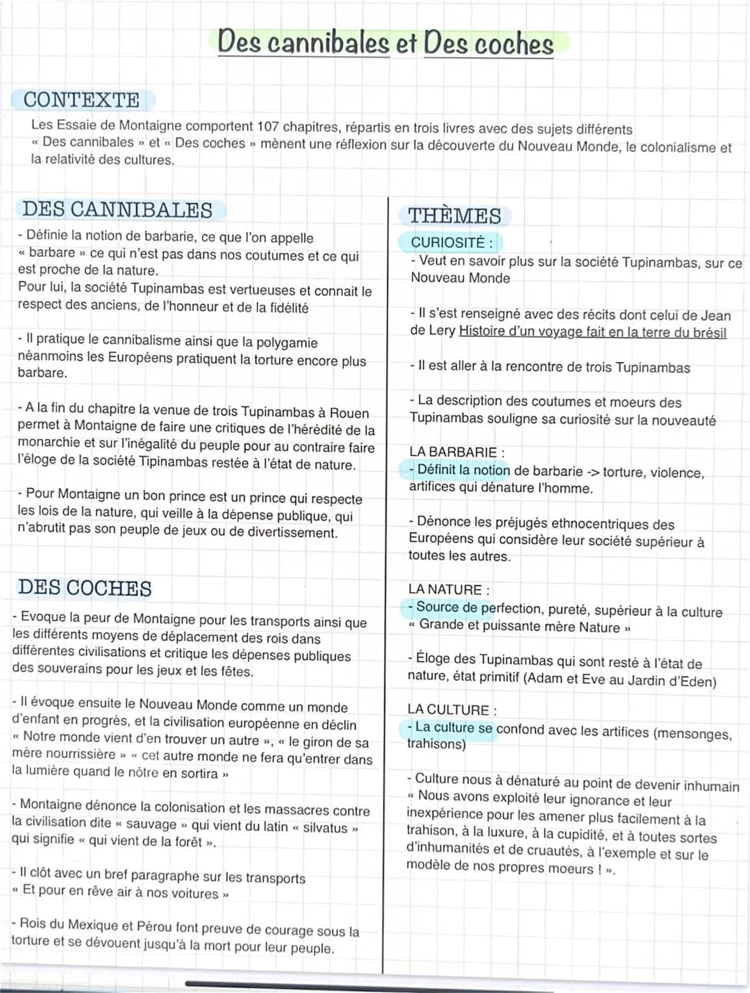 Résumé et Analyse de Montaigne: Des Cannibales et Des Coches - Fiche Révision Bac Français 2024 PDF Gratuit