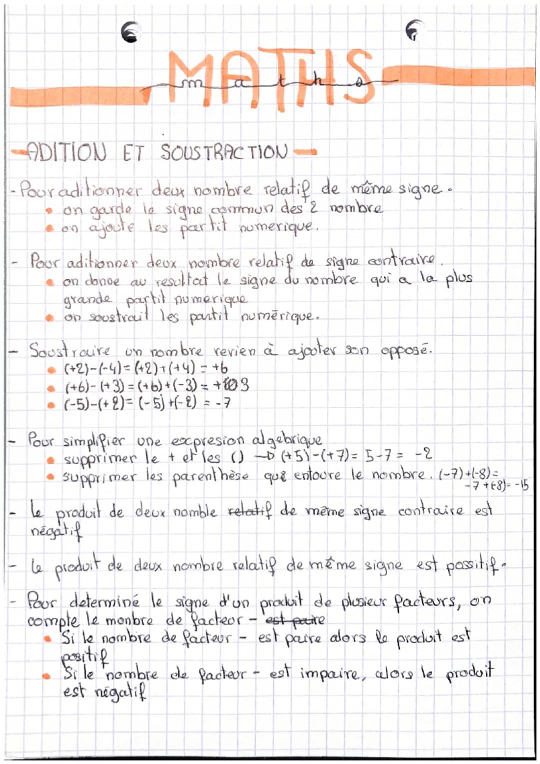 MATHS
6
ADITION ET SOUSTRACTION
-Poor aditionner deux nombre relatif de même signe.
• on garde le signe commun des 2 nombre
ajoute les parti
