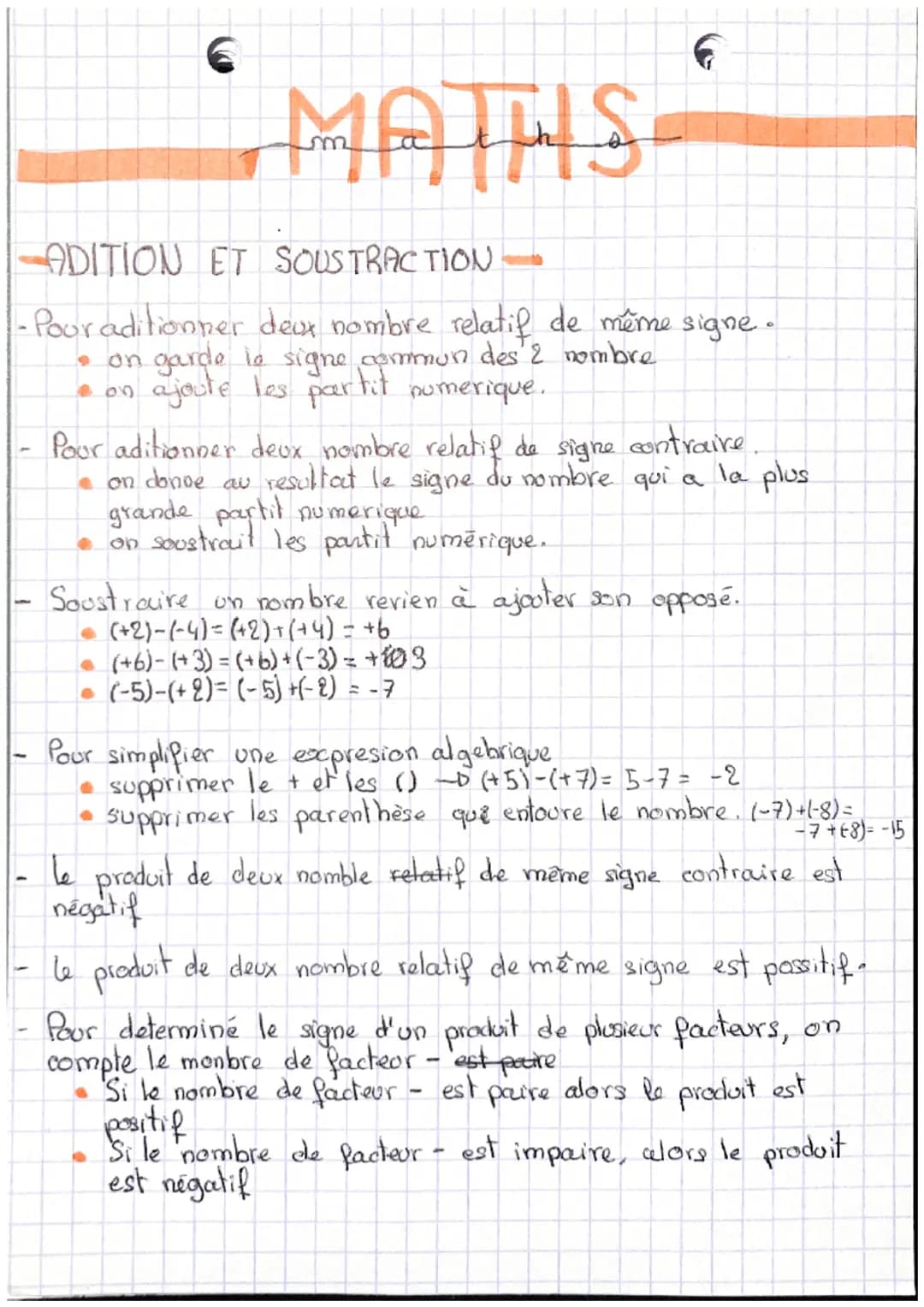 MATHS
6
ADITION ET SOUSTRACTION
-Poor aditionner deux nombre relatif de même signe.
• on garde le signe commun des 2 nombre
ajoute les parti