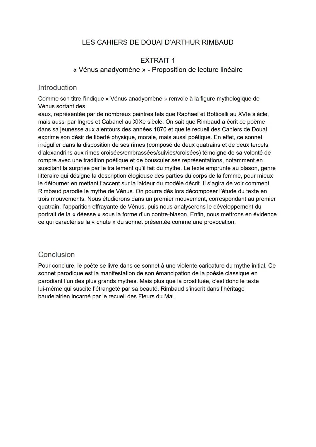 LES CAHIERS DE DOUAI D'ARTHUR RIMBAUD
EXTRAIT 1
<< Vénus anadyomène » - Proposition de lecture linéaire
Introduction
Comme son titre l'indiq