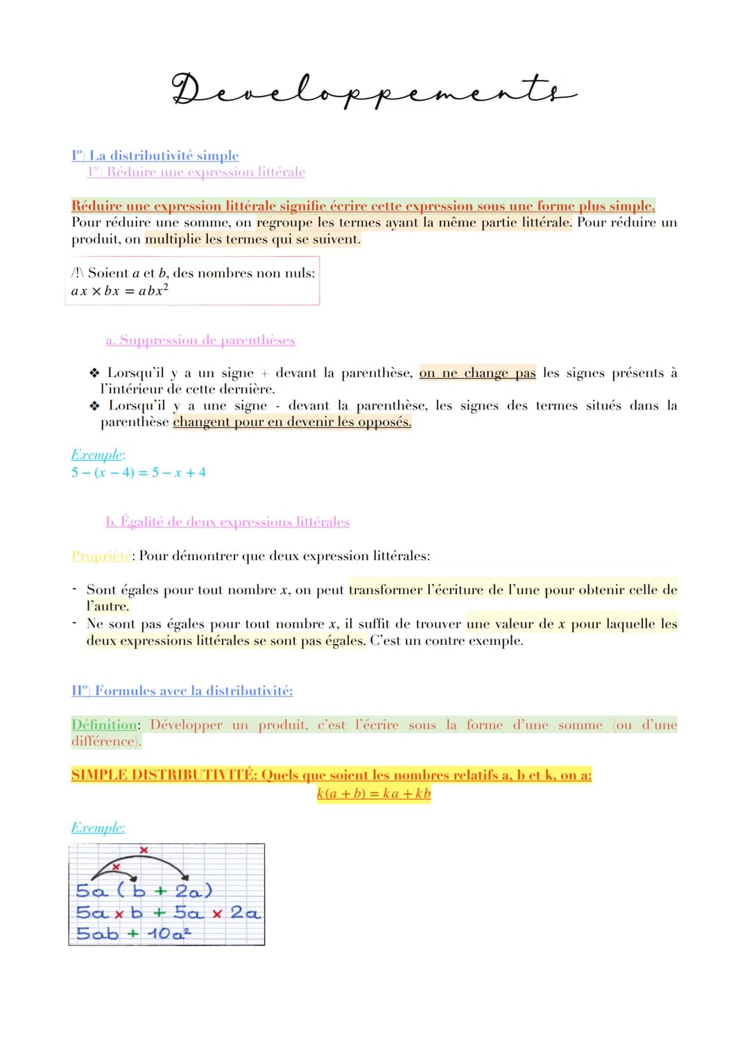 Iº) La distributivité simple
1º) Réduire une expression littérale
Réduire une expression littérale signifie écrire cette expression sous une