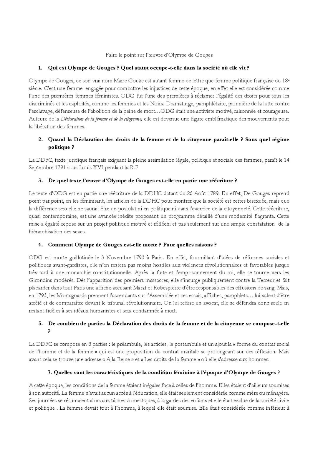 Fiche de lecture Déclaration des droits de la femme et de la citoyenne PDF - Résumé Olympe de Gouges