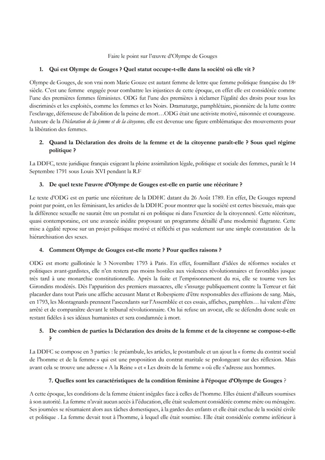 Faire le point sur l'œuvre d'Olympe de Gouges
1. Qui est Olympe de Gouges ? Quel statut occupe-t-elle dans la société où elle vit ?
Olympe d