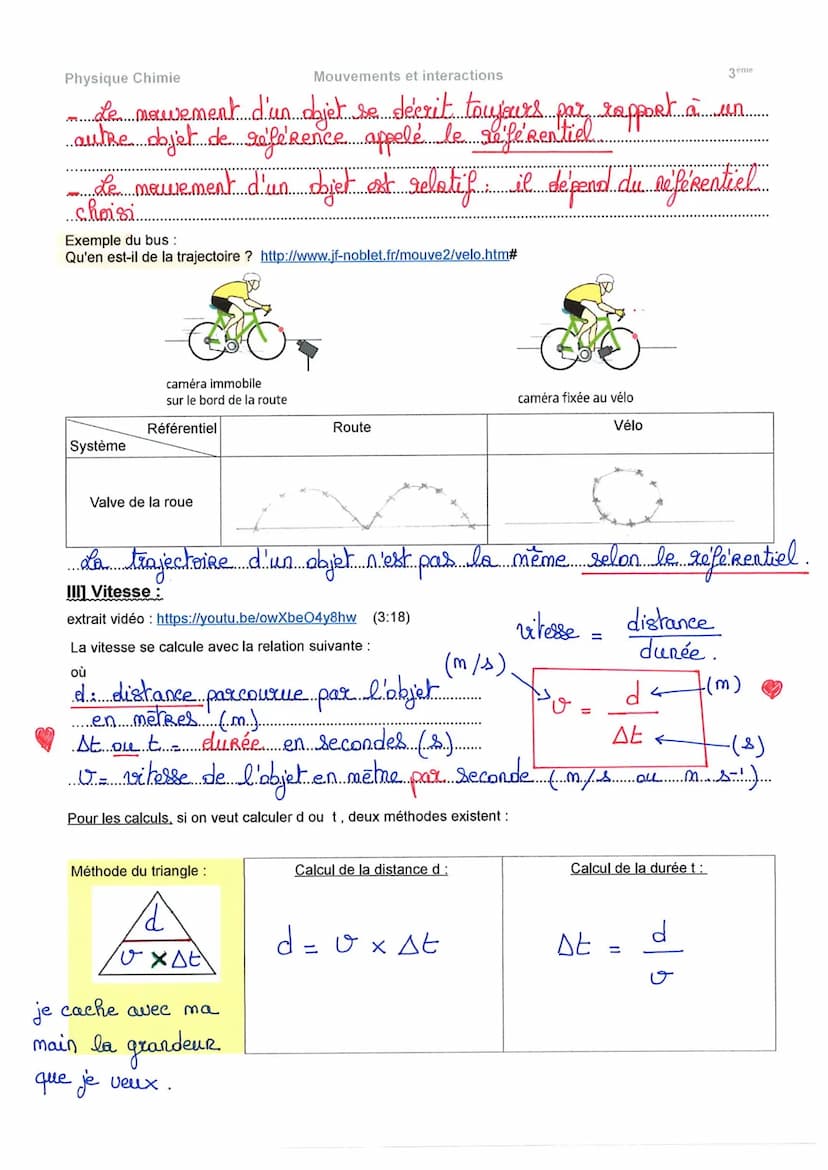 Physique Chimie
Objectifs:
Mouvements et interactions
Cours - Chapitre 1 : Mouvements et vitesse
Caractériser un mouvement
Connaître la rela