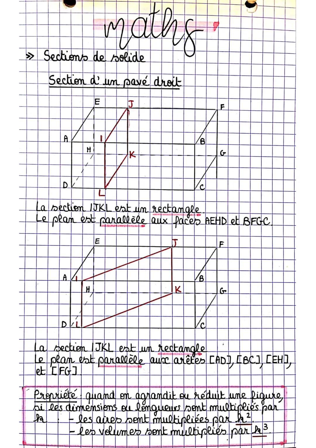 » Sections de solide
Section d'un pavé droit.
A
b
A
maths
H
D
E
J
米
La section 1JKL est un rectangle
Le plan est parallèle aux faces AEHD et