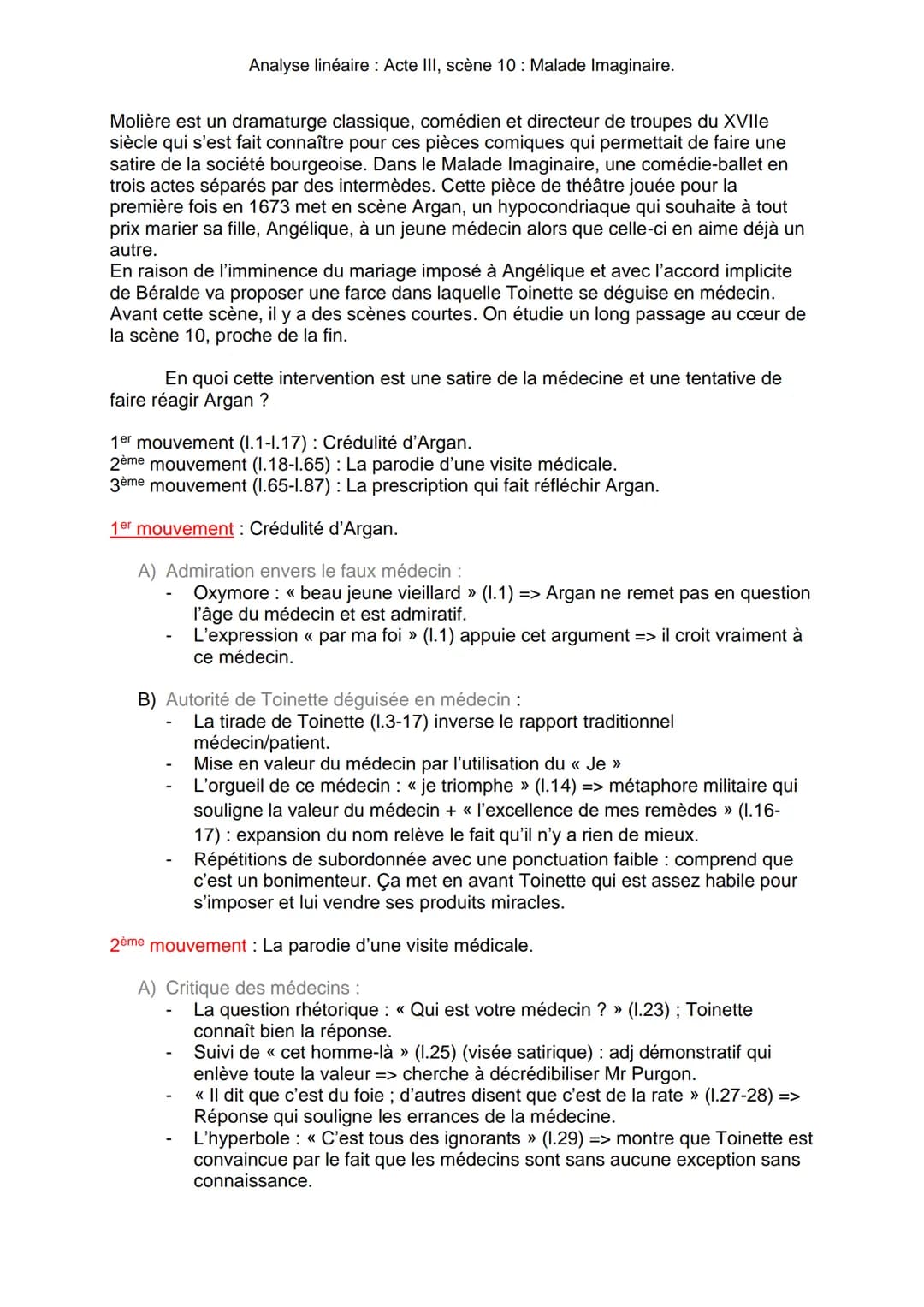 Le Malade Imaginaire: Acte 3 Scène 10 Analyse & PDF