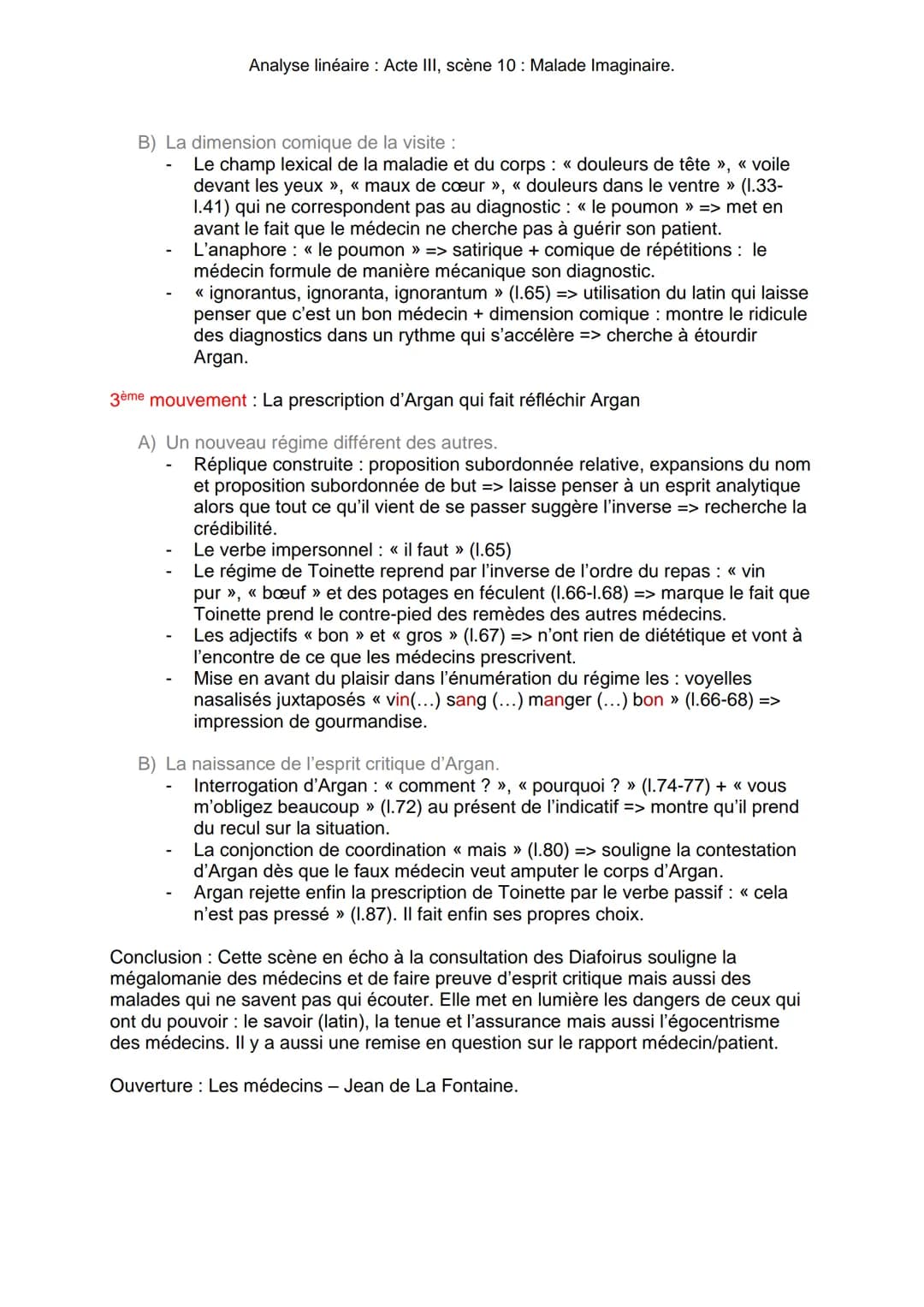 Analyse linéaire: Acte III, scène 10: Malade Imaginaire.
Molière est un dramaturge classique, comédien et directeur de troupes du XVIIe
sièc