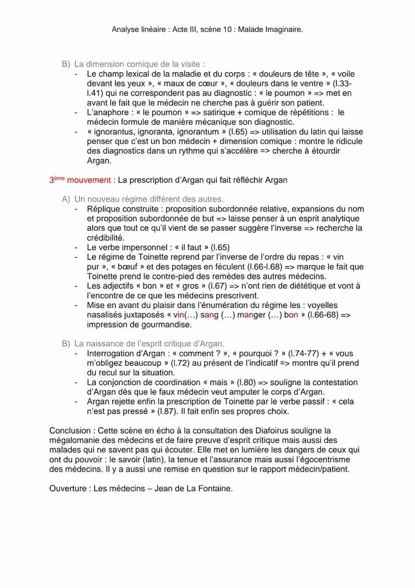 Analyse linéaire: Acte III, scène 10: Malade Imaginaire.
Molière est un dramaturge classique, comédien et directeur de troupes du XVIIe
sièc