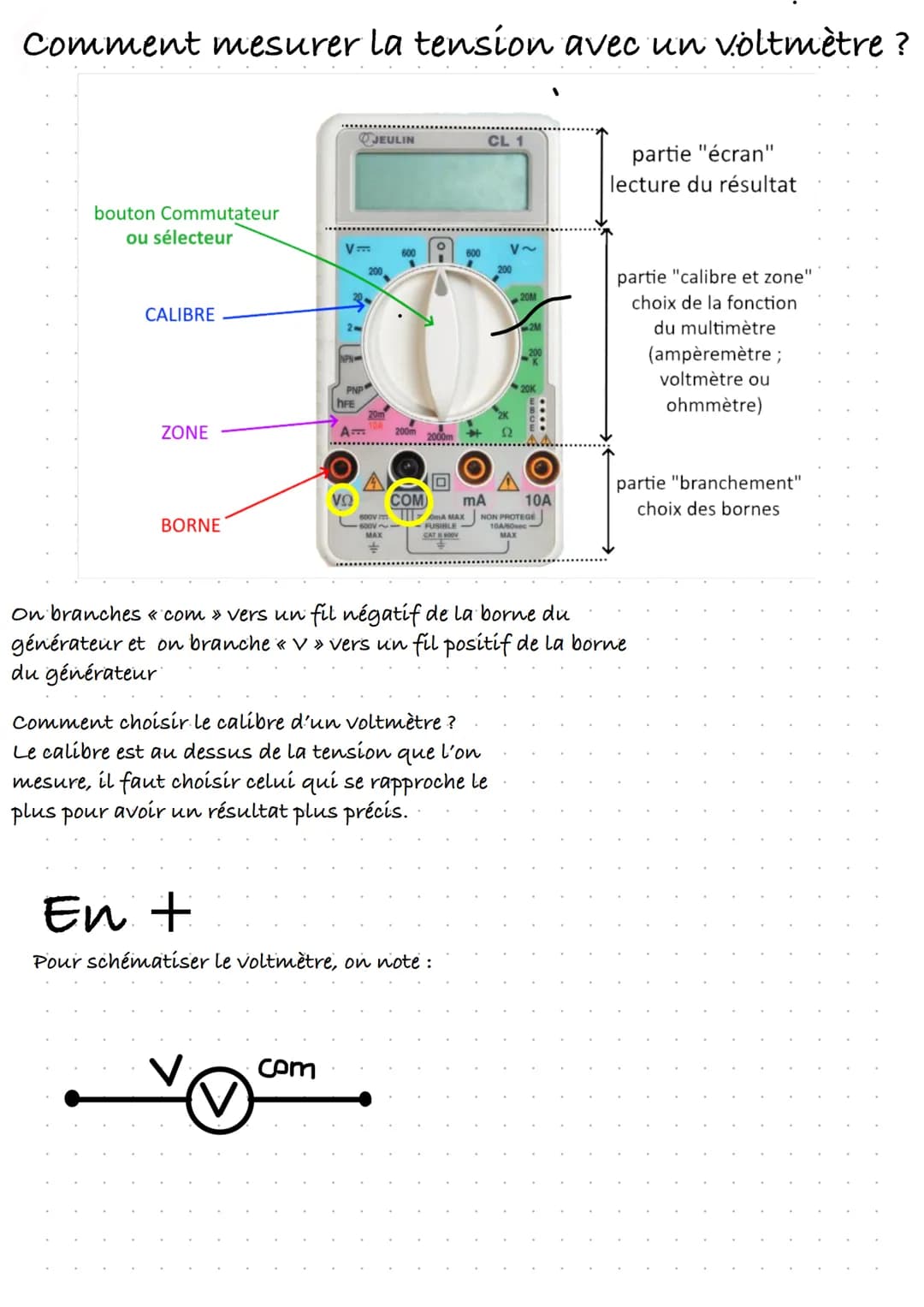 On mesure la tention avec un voltmètre
Le voltmètre se branche touhours en
dérivation
Rappel:
Physique
Mesure de tension
Circuit en dérivati