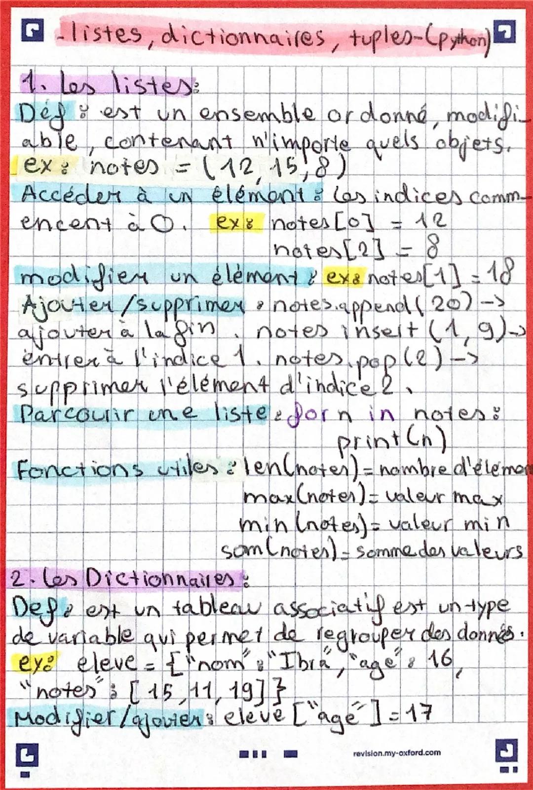 -listes, dictionnaires, tuples-(python)

1. Les listes:

Def est un ensemble or donné, modifi
able, contenant n'importe quels objets.
ex: no