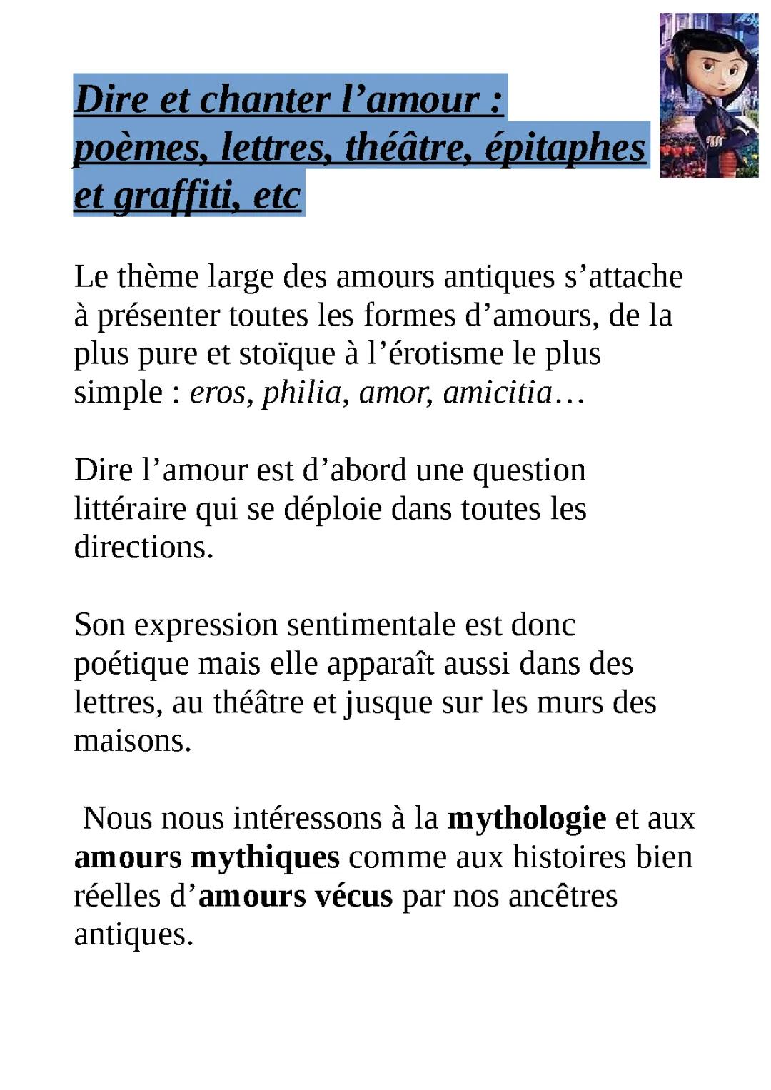 Dire et chanter l’amour : poèmes, lettres, théâtre, épitaphes  et graffiti, etc