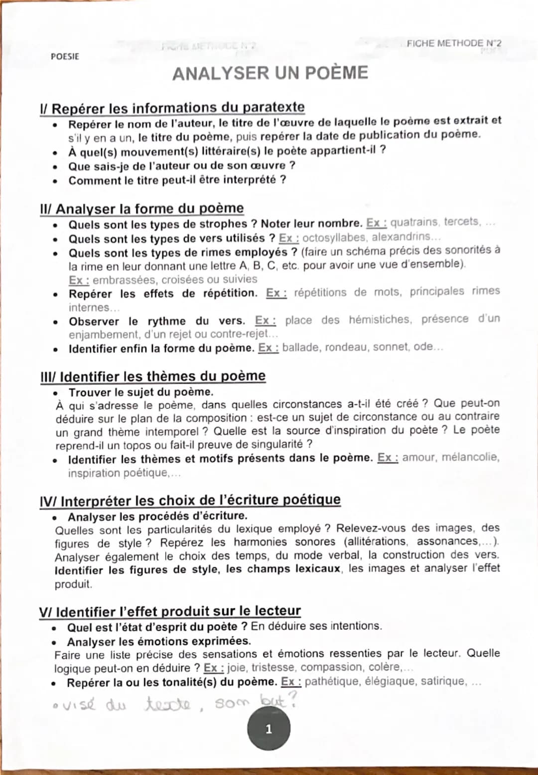 POESIE
For METHODE N2
ANALYSER UN POÈME
I/ Repérer les informations du paratexte
FICHE METHODE N°2
• Repérer le nom de l'auteur, le titre de