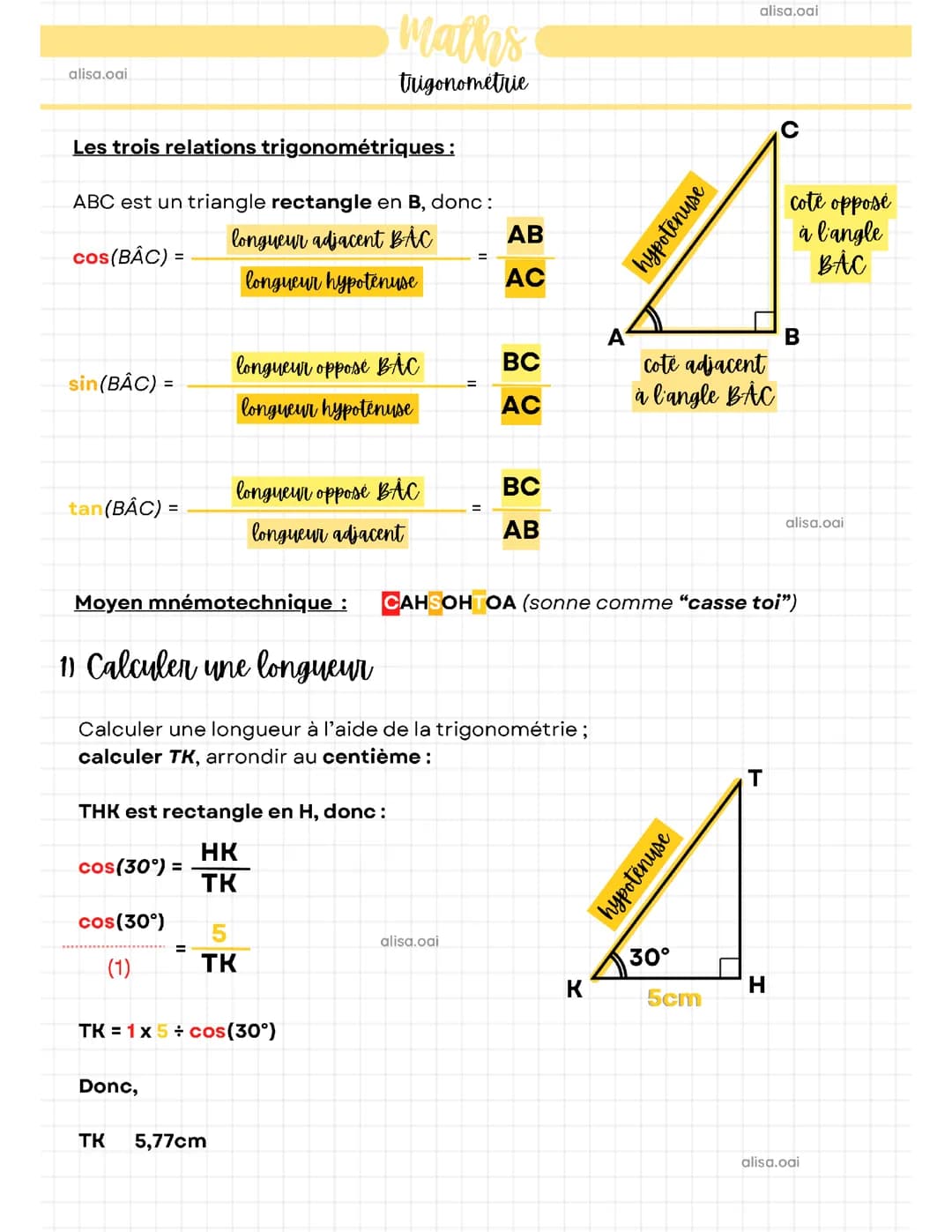 Mathématiques - La trigonométrie (niveau collège)