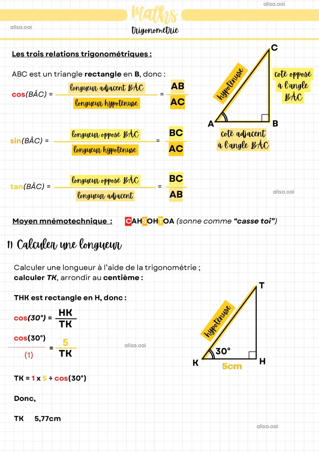 alisa.oai
Maths
trigonométrie
Les trois relations trigonométriques :
ABC est un triangle rectangle en B, donc :
cos(BAC) =
longueur adjacent