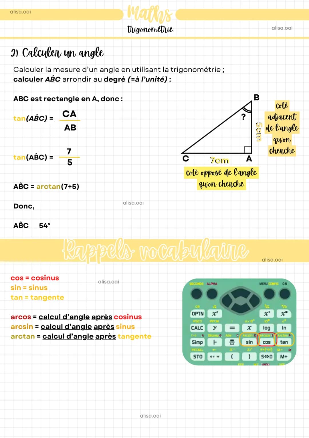 alisa.oai
Maths
trigonométrie
Les trois relations trigonométriques :
ABC est un triangle rectangle en B, donc :
cos(BAC) =
longueur adjacent
