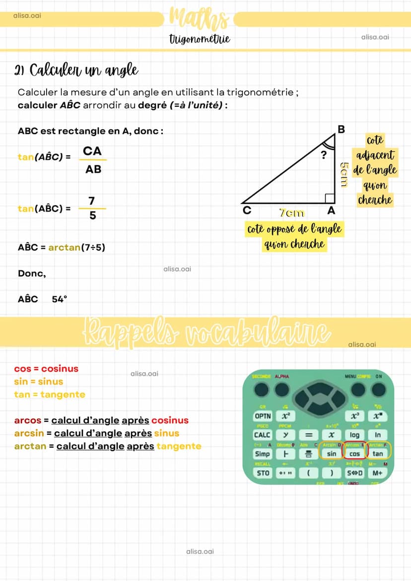 alisa.oai
Maths
trigonométrie
Les trois relations trigonométriques :
ABC est un triangle rectangle en B, donc :
cos(BAC) =
longueur adjacent