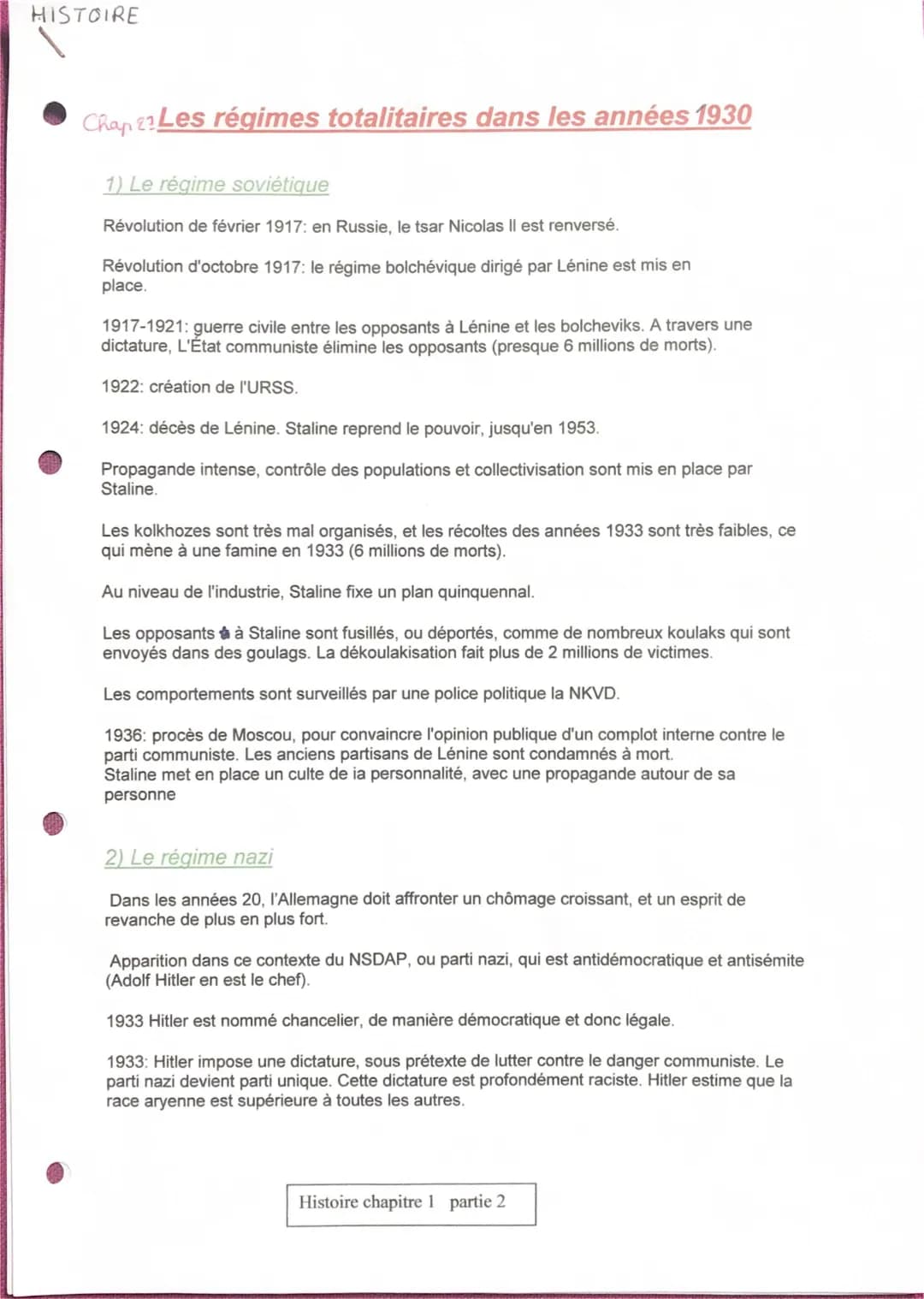 Les régimes totalitaires 1930 : Fiche de révision Terminale et 3ème