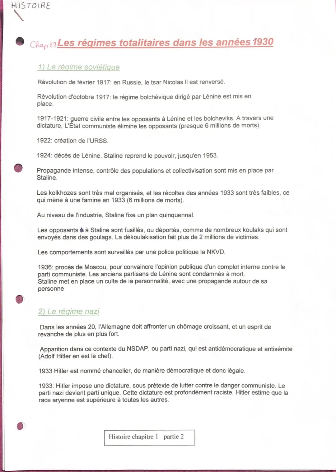 HISTOIRE
Chap 22 Les régimes totalitaires dans les années 1930
1) Le régime soviétique
Révolution de février 1917: en Russie, le tsar Nicola