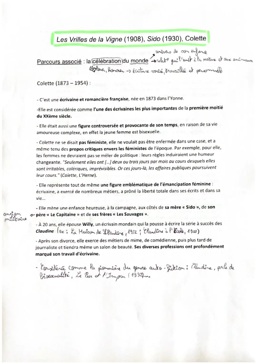 anden
militaire
Les Vrilles de la Vigne (1908), Sido (1930), Colette
univers de son enfance
elat qui l'unit à la mature et aux animaun
(Lylo