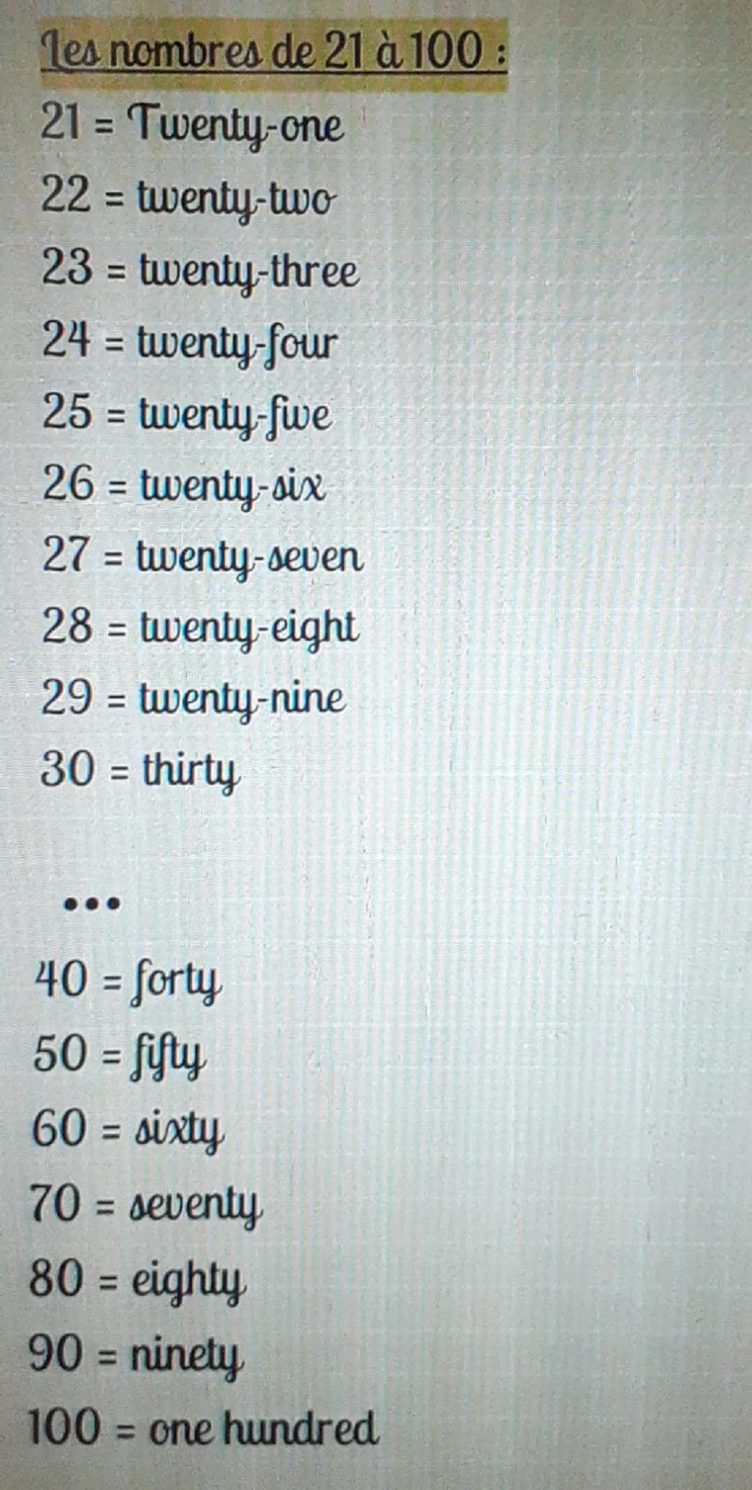 De 1 à 10:
1 = one
2 = two
3 = three
4 = four
5 = fwe
6 = six
7
= seven
8 = eight
9 = nine
10 = ten
Les nombres en anglais Les nombre de 11 