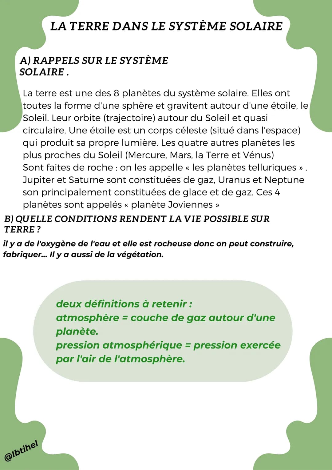 LA TERRE DANS LE SYSTÈME SOLAIRE
A) RAPPELS SUR LE SYSTÈME
SOLAIRE.
La terre est une des 8 planètes du système solaire. Elles ont
toutes la 