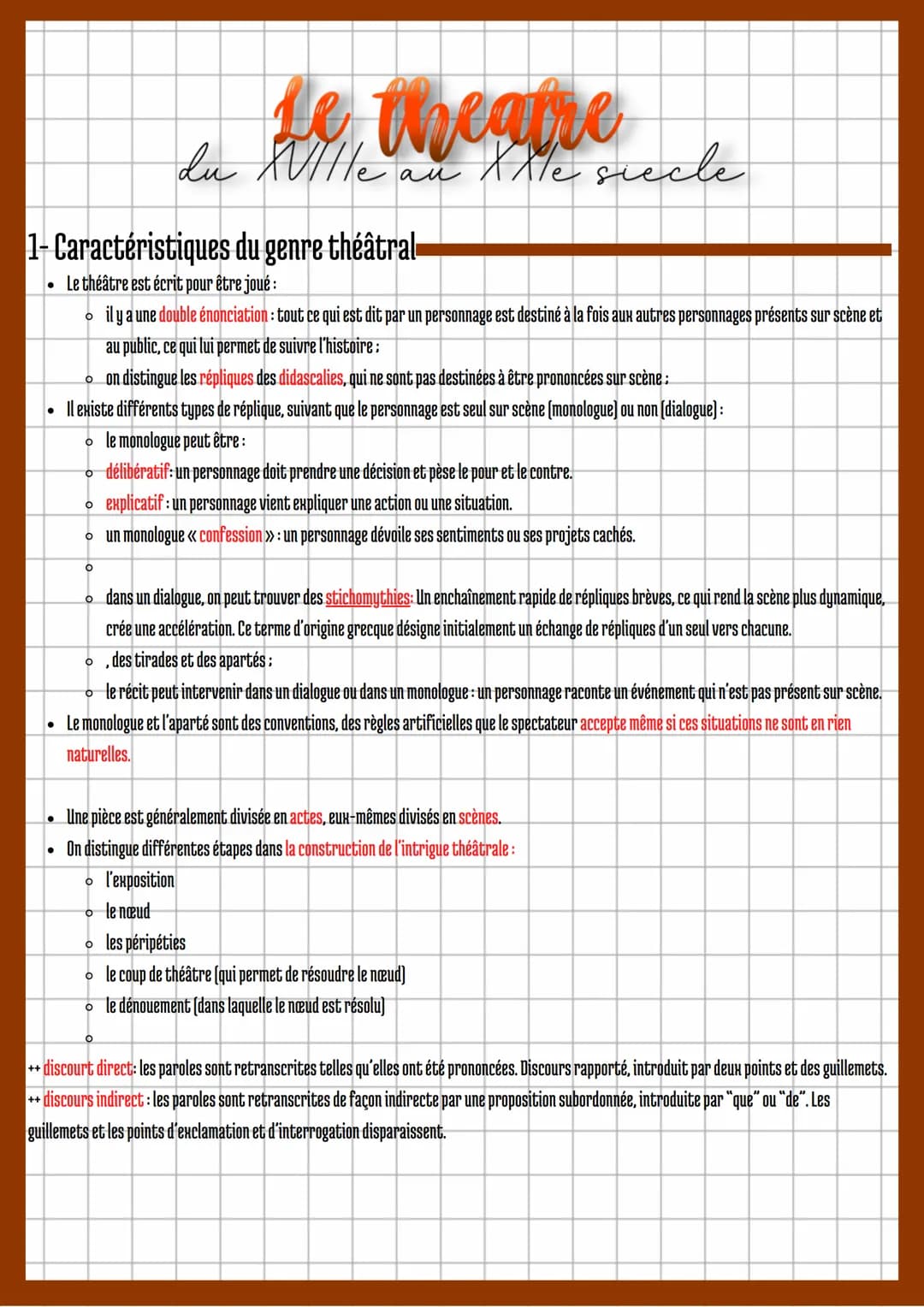 1- Caractéristiques du genre théâtral
●
Le théâtre est écrit pour être joué:
O
O
il y a une double énonciation : tout ce qui est dit par un 