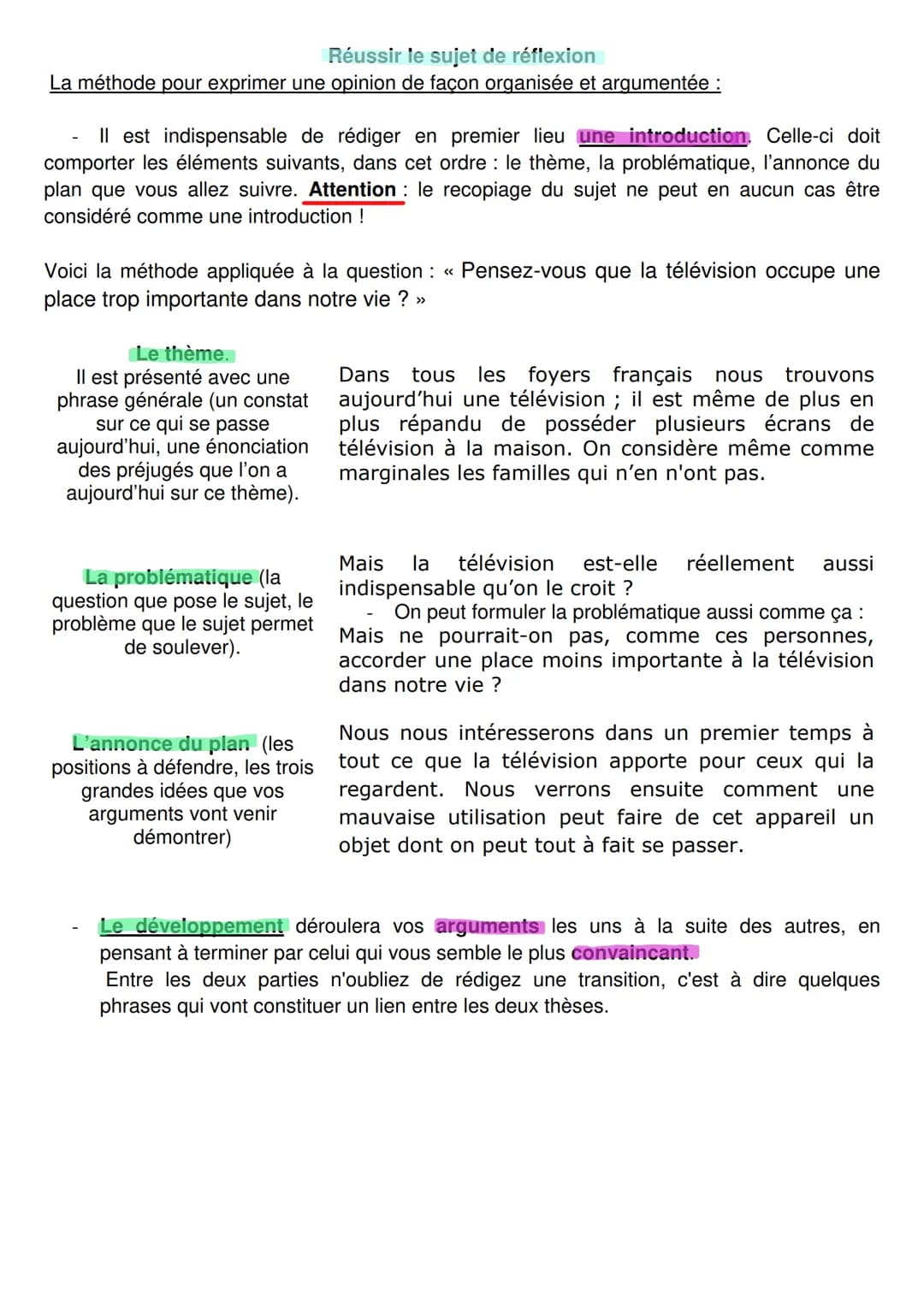Réussir le sujet de réflexion
La méthode pour exprimer une opinion de façon organisée et argumentée :
Il est indispensable de rédiger en pre