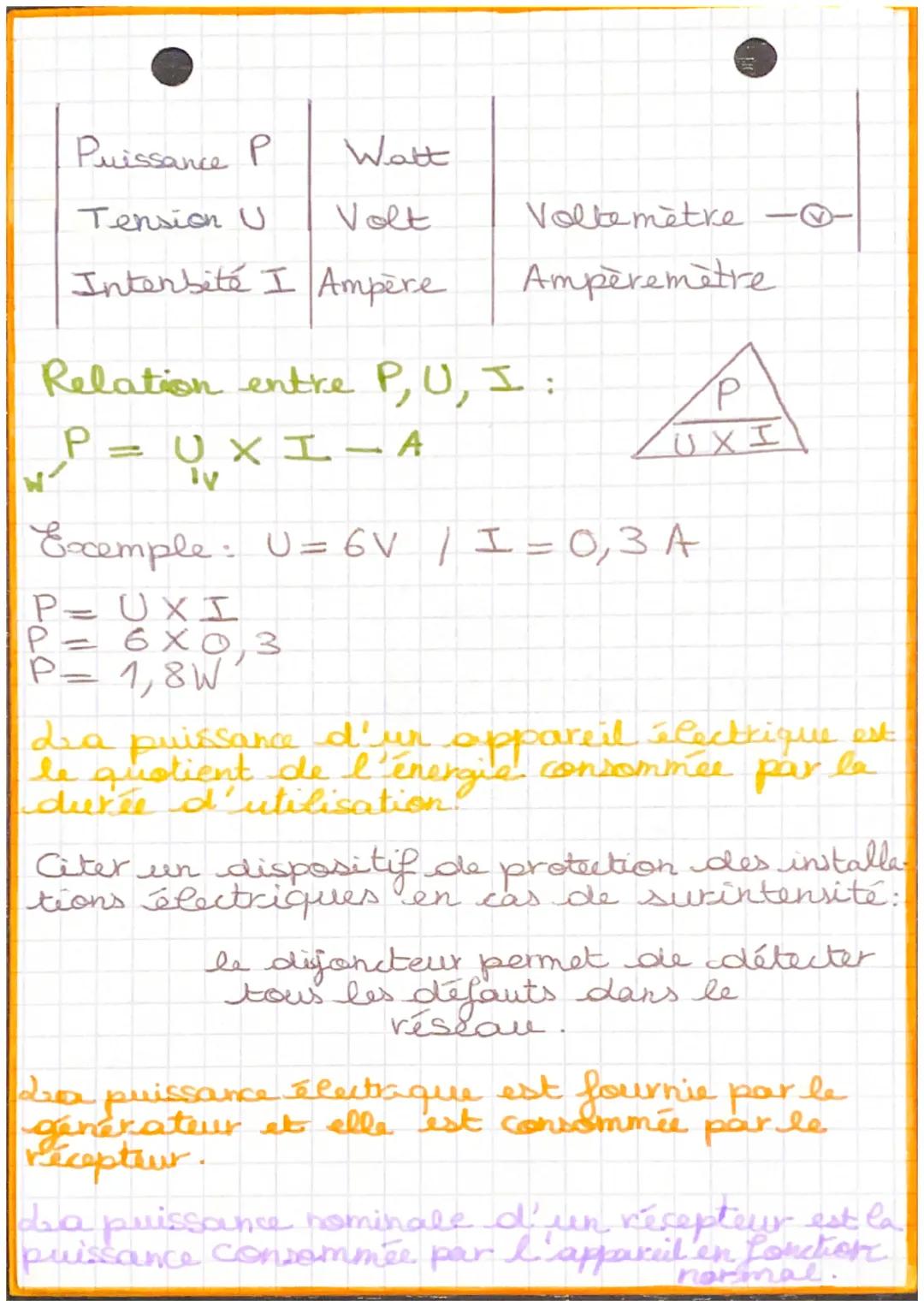 - • PHYSIQUE

Puissance électrique
Une énergie c'est une grandeur que possèd
un système.

La relation: $P = \frac{E}{\Delta t} - \frac{J}{se