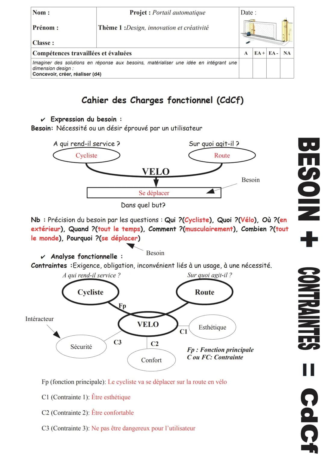 Nom :
Prénom :
Classe:
Compétences travaillées et évaluées
Imaginer des solutions en réponse aux besoins, matérialiser une idée en intégrant