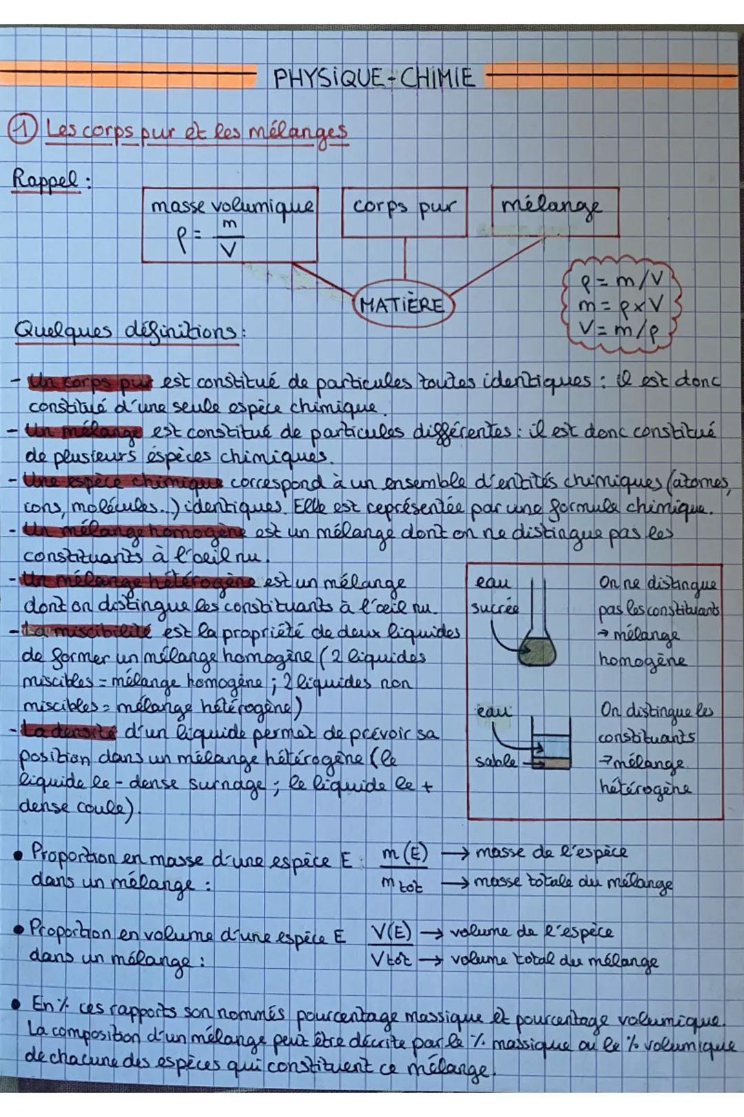 PHYSIQUE-CHIMIE
Les corps pur et les mélanges
Rappel
masse volumique
m
P = ✓
corps pur
MATIERE
Quelques définitions:
Un corps pur est consti