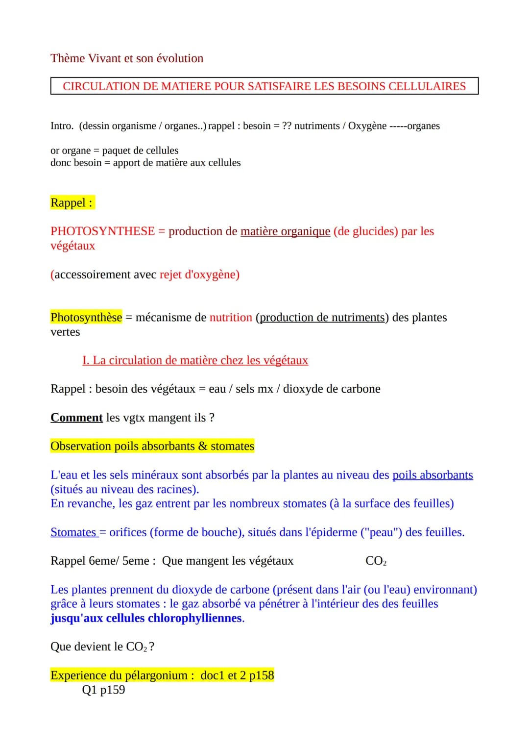 Thème Vivant et son évolution
CIRCULATION DE MATIERE POUR SATISFAIRE LES BESOINS CELLULAIRES
Intro. (dessin organisme / organes..) rappel : 