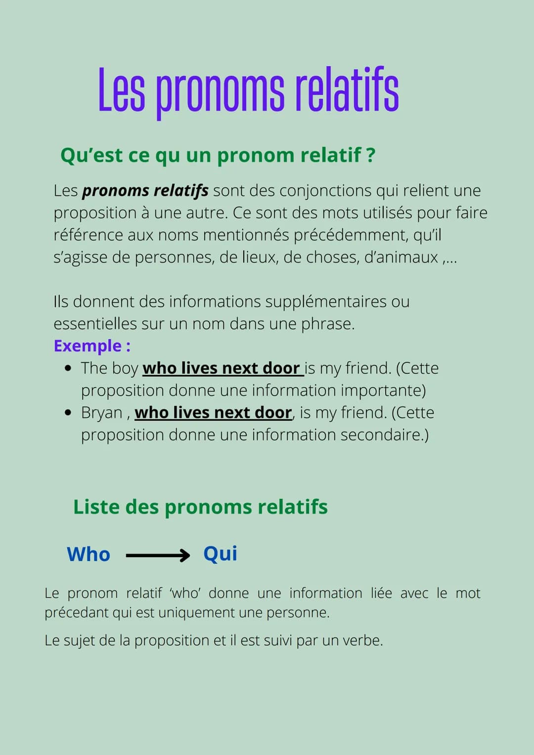 Les pronoms relatifs
Qu'est ce qu un pronom relatif ?
Les pronoms relatifs sont des conjonctions qui relient une
proposition à une autre. Ce