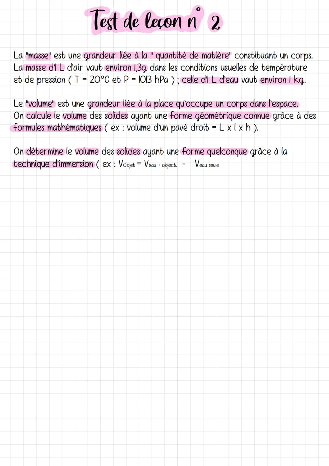 Test de leçon n 2
La "masse" est une grandeur liée à la " quantité de matière" constituant un corps.
La masse d'l L d'air vaut environ 1,39 