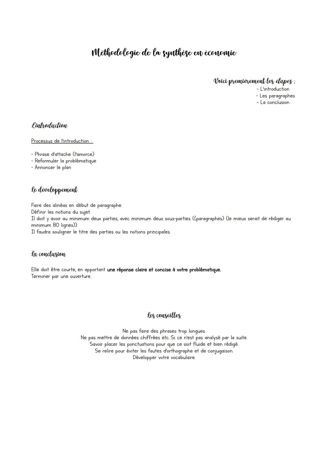 L'introduction
Processus de l'introduction
Methodologie de la synthèse en économie
- Phrase d'attache (l'amorce)
- Reformuler la problématiq