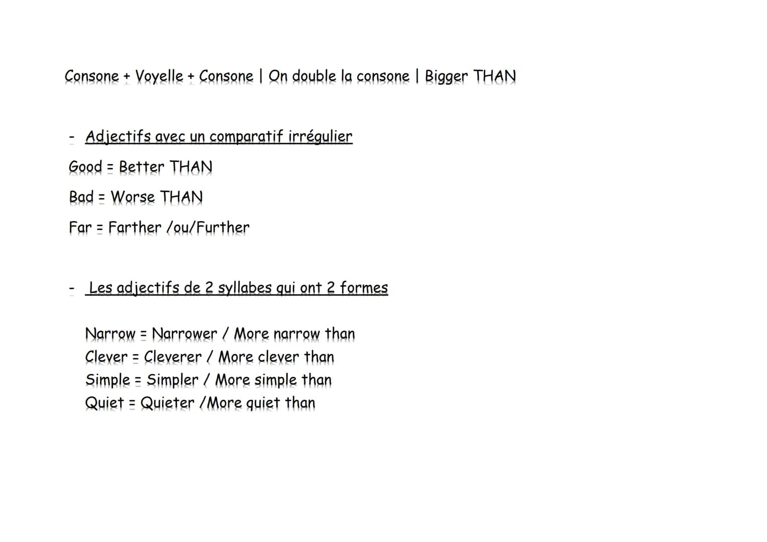 Le comparatif de Supériorité :
Adjectif Adjectif d'1 syllabe
Court
Adjectif
Compatives
Longs
Adjectif de 2 syllabes en -y
Autres ADJ de 2 sy