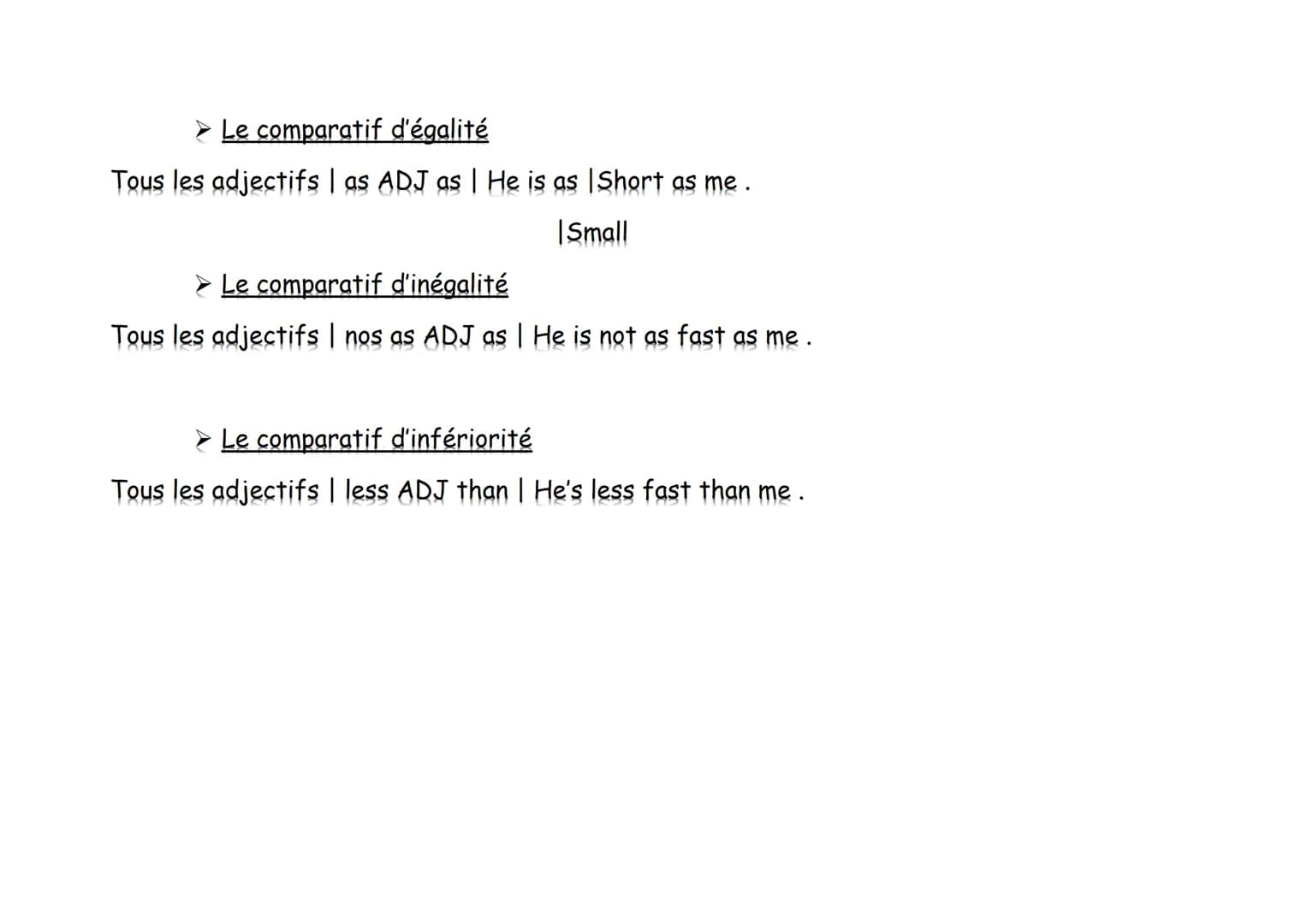 Le comparatif de Supériorité :
Adjectif Adjectif d'1 syllabe
Court
Adjectif
Compatives
Longs
Adjectif de 2 syllabes en -y
Autres ADJ de 2 sy