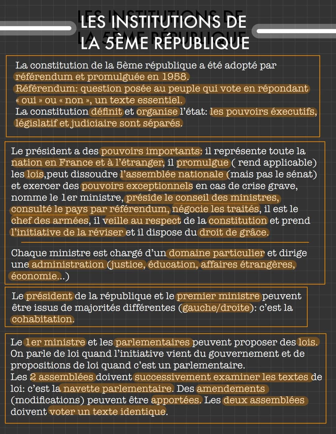LES INSTITUTIONS DE
LA 5ÈME RÉPUBLIQUE
La constitution de la 5ème république a été adopté par
référendum et promulguée en 1958.
Référendum: 