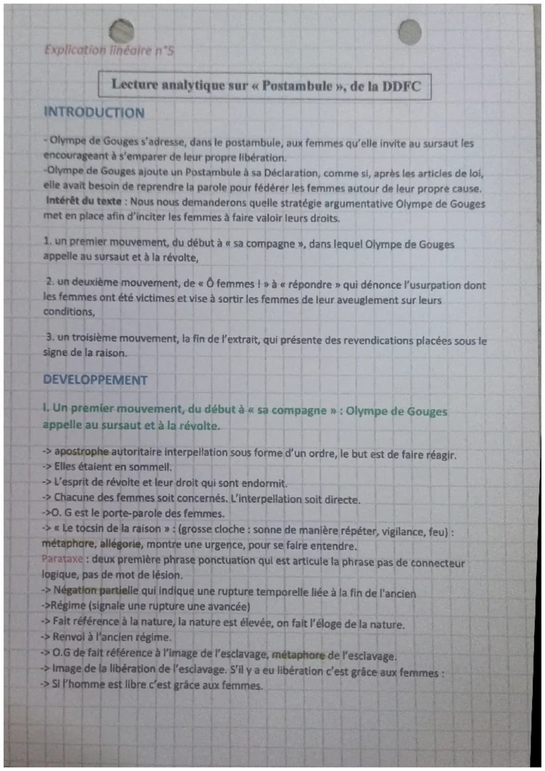 Explication linéaire n's
Lecture analytique sur « Postambule », de la DDFC
INTRODUCTION
- Olympe de Gouges s'adresse, dans le postambule, au