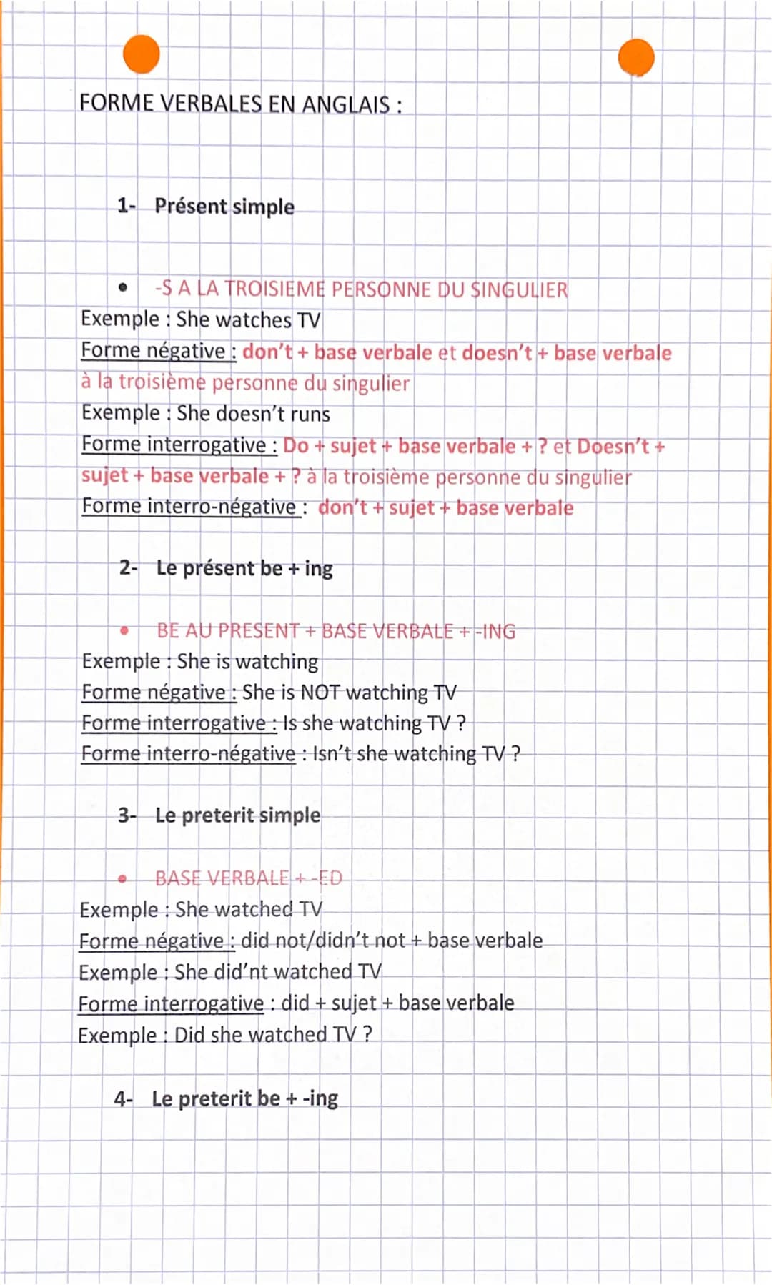 FORME VERBALES EN ANGLAIS:
1- Présent simple
-S A LA TROISIEME PERSONNE DU SINGULIER
Exemple: She watches TV
Forme négative: don't + base ve