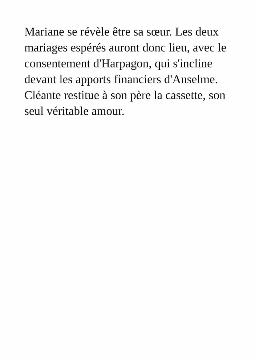 Résumé de l'Avare de Molière
Comédie en prose, en cinq actes
Acte premier
A Paris, dans la maison du riche veuf
Harpagon, ses deux enfants É
