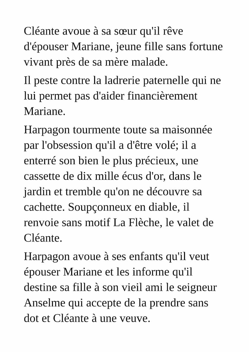 Résumé de l'Avare de Molière
Comédie en prose, en cinq actes
Acte premier
A Paris, dans la maison du riche veuf
Harpagon, ses deux enfants É