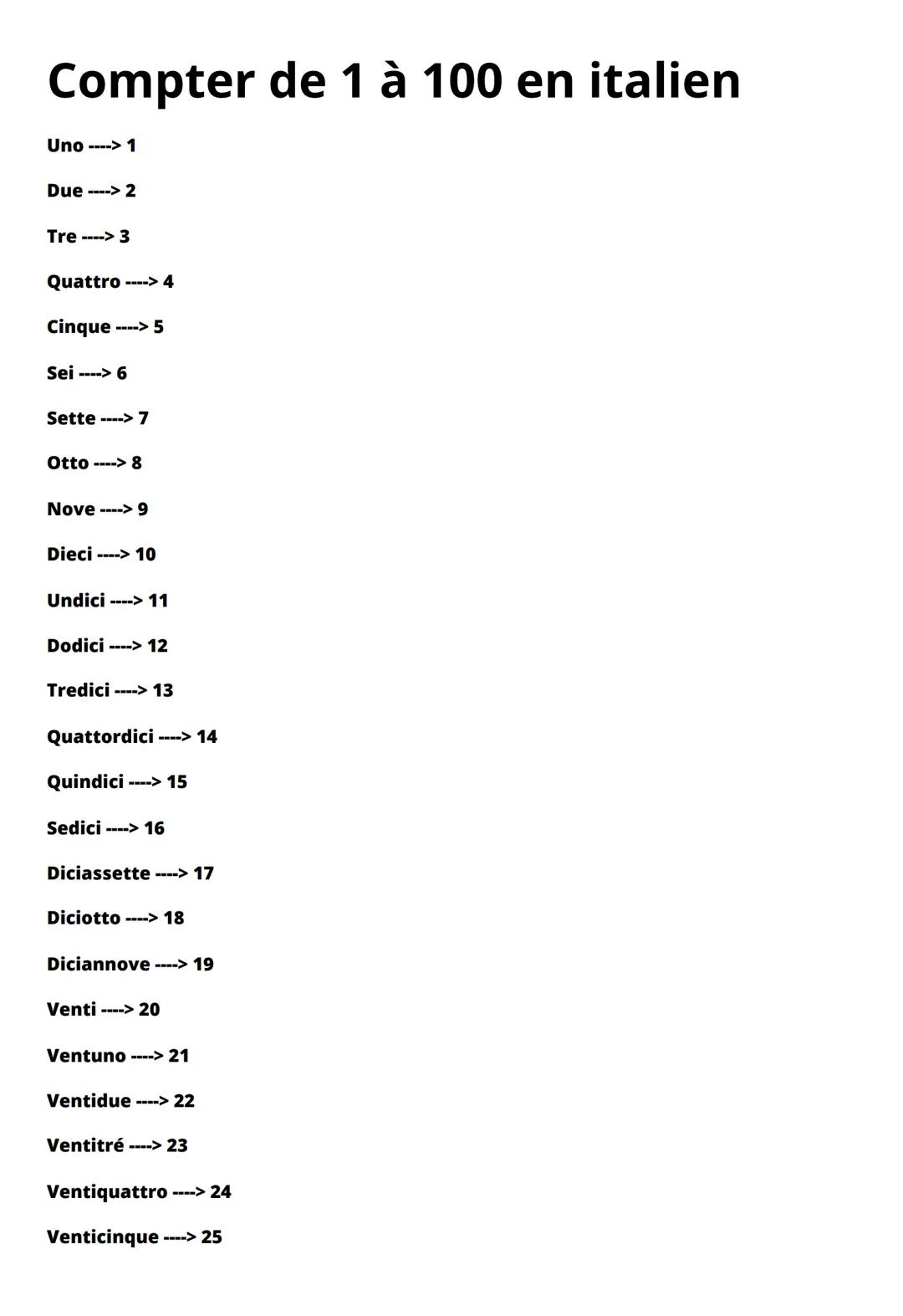 Compter de 1 à 100 en italien
Uno ----> 1
Due ----> 2
Tre ----> 3
Quattro ----> 4
Cinque ----> 5
Sei ----> 6
Sette ----> 7
Otto ----> 8
Nove