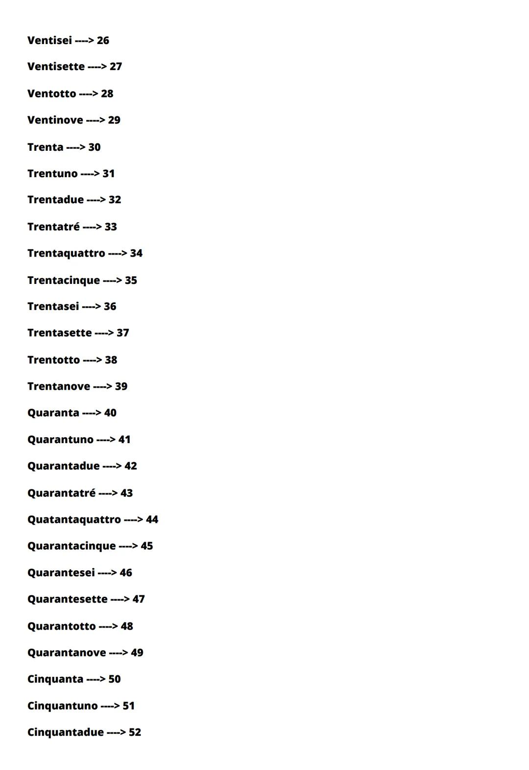 Compter de 1 à 100 en italien
Uno ----> 1
Due ----> 2
Tre ----> 3
Quattro ----> 4
Cinque ----> 5
Sei ----> 6
Sette ----> 7
Otto ----> 8
Nove