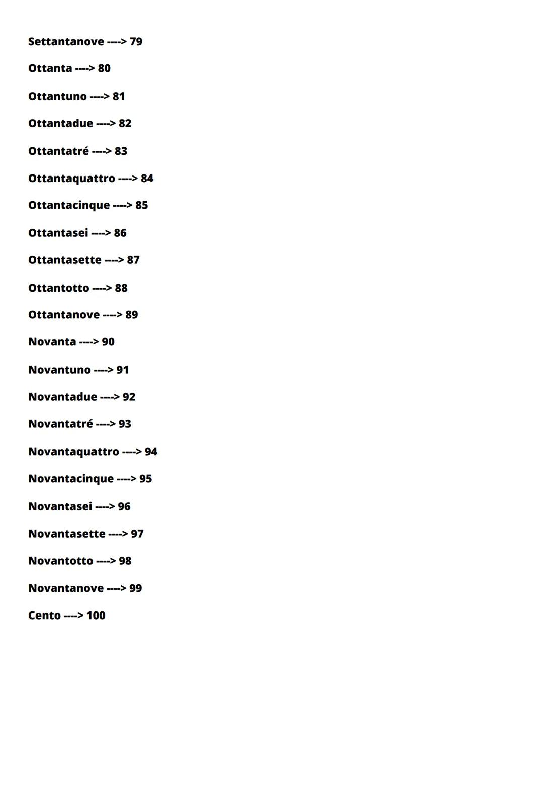 Compter de 1 à 100 en italien
Uno ----> 1
Due ----> 2
Tre ----> 3
Quattro ----> 4
Cinque ----> 5
Sei ----> 6
Sette ----> 7
Otto ----> 8
Nove