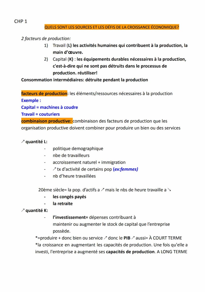CHP 1
QUELS SONT LES SOURCES ET LES DÉFIS DE LA CROISSANCE ÉCONOMIQUE?
croissance: l'augmentation soutenue, pendant une période longue, de l