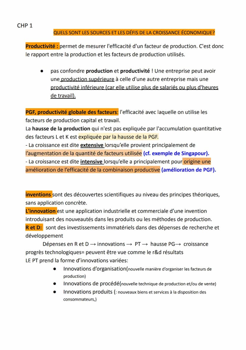 CHP 1
QUELS SONT LES SOURCES ET LES DÉFIS DE LA CROISSANCE ÉCONOMIQUE?
croissance: l'augmentation soutenue, pendant une période longue, de l
