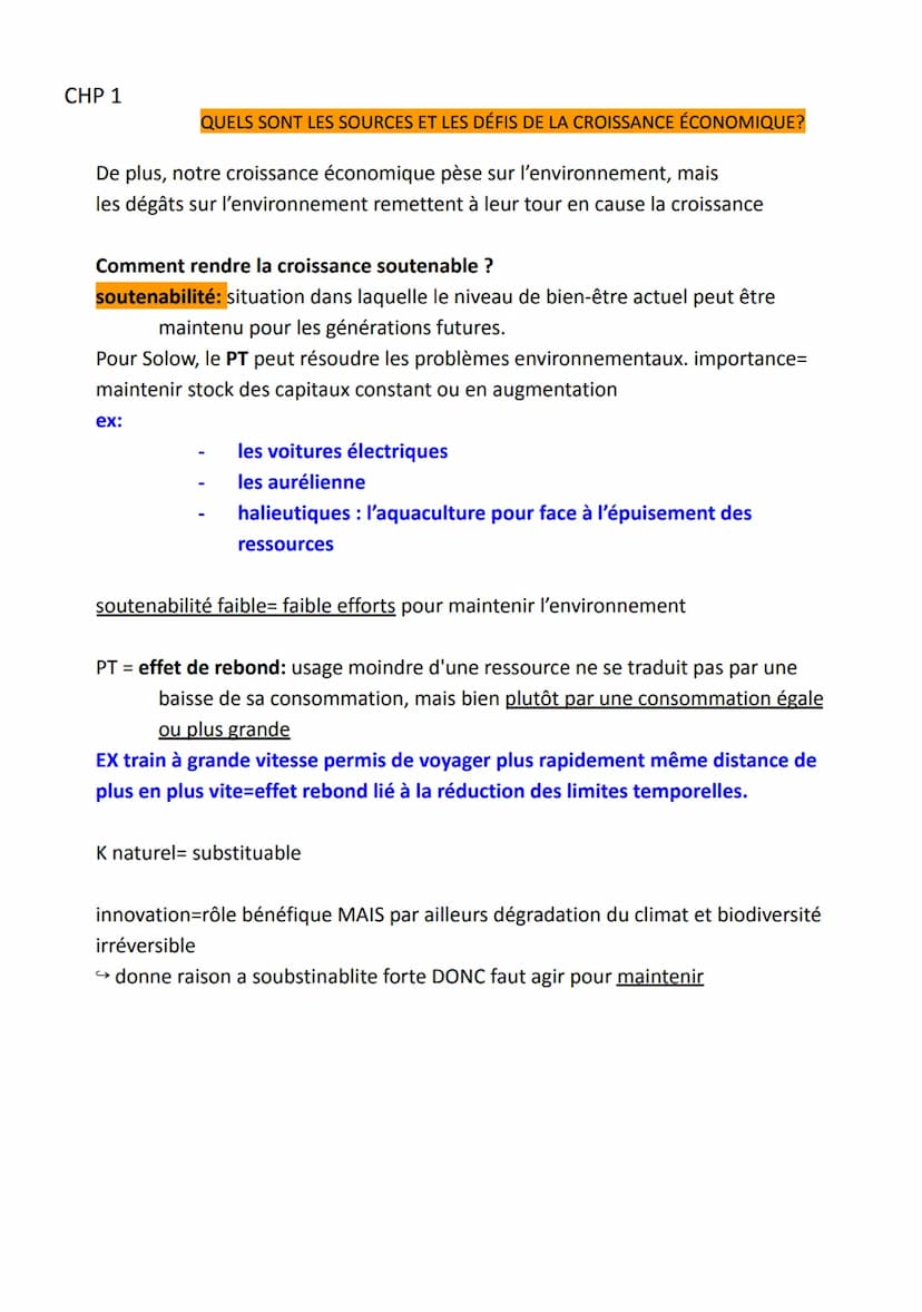 CHP 1
QUELS SONT LES SOURCES ET LES DÉFIS DE LA CROISSANCE ÉCONOMIQUE?
croissance: l'augmentation soutenue, pendant une période longue, de l