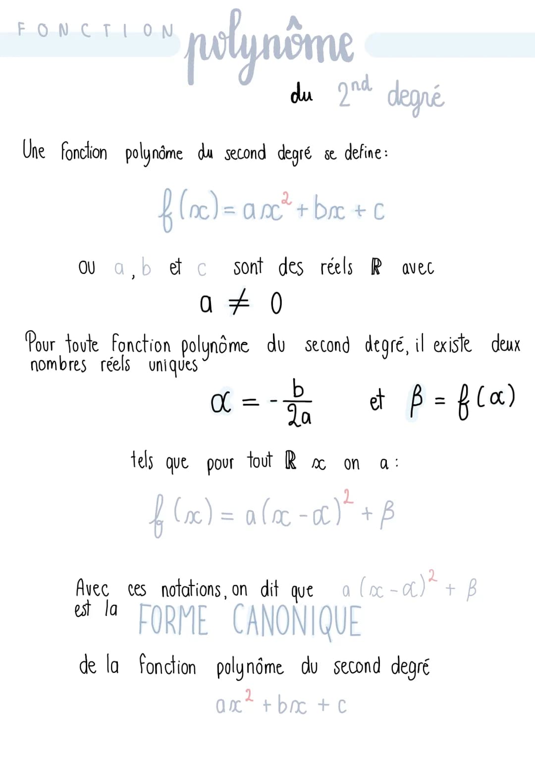 F ON CIL ON
polynôme
Une fonction polynome du second degré se define:
f(x) = axc² + bxc + c
OU a, b et c
a 0
sont des réels R avec
α
du 2nd 
