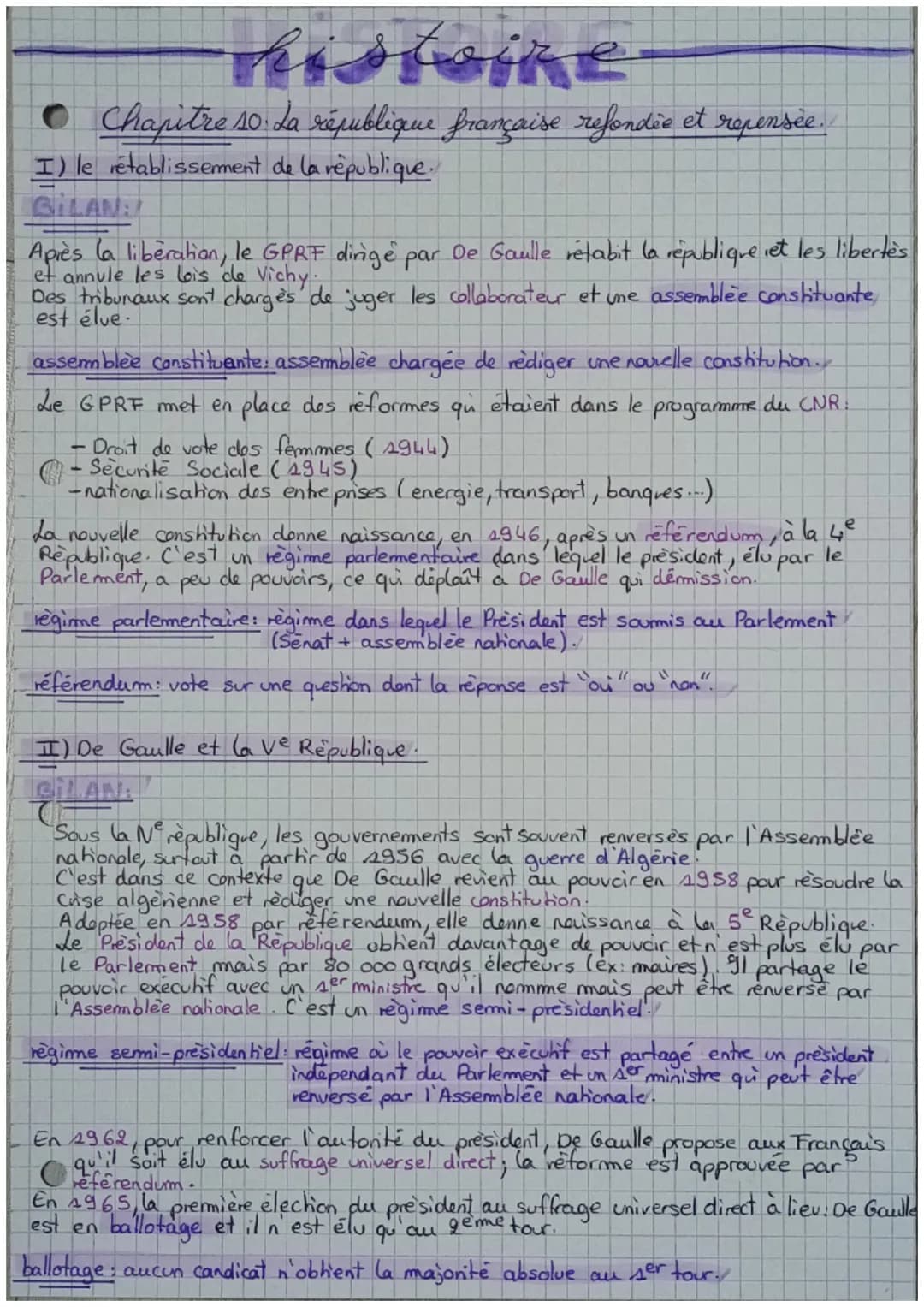 histoine
• Chapitre so. La république française refondie et repensée.
I) le rétablissement de la république.
BILAN
Après la liberation, le G