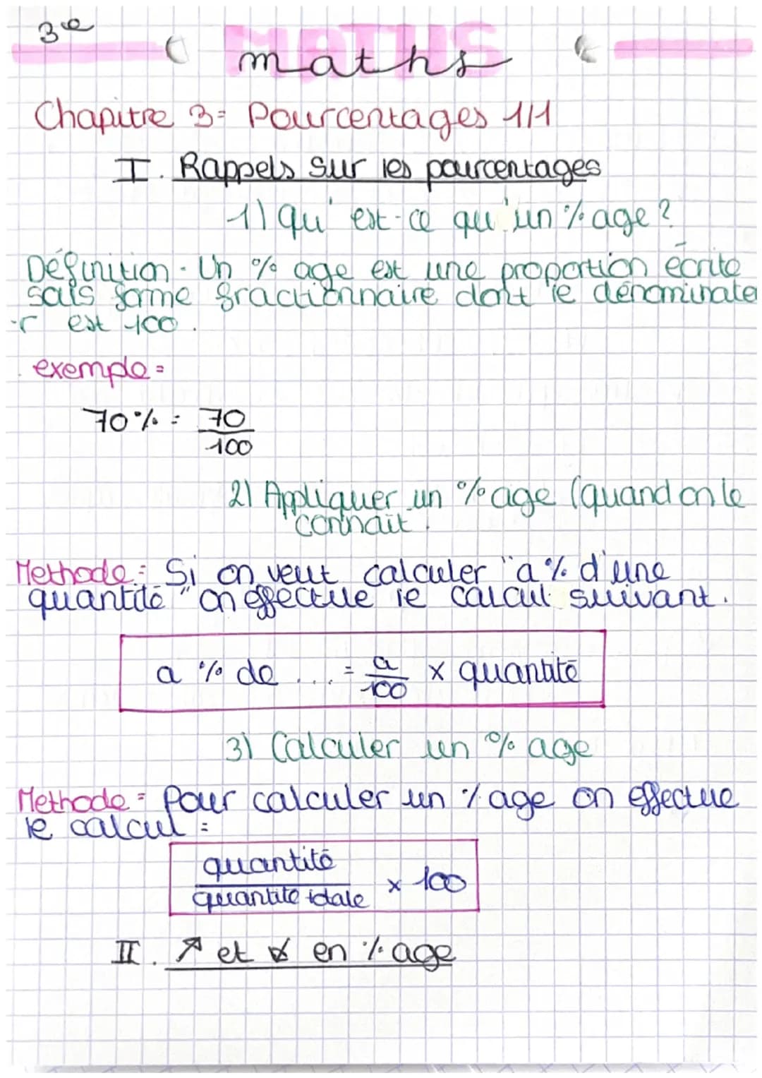 за
( maths
Chapitre 3- Pourcentages 111
I. Rappels sur les pourcentages
11 qu'est-ce qu'un % age?
Définition - Un % age est une proportion e